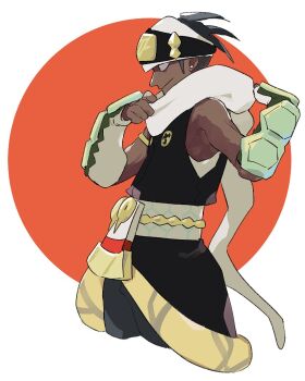Rule 34 | 1boy, arm guards, black hair, dark-skinned male, dark skin, forehead protector, from side, kinkokin (haikinkinhai), male focus, nintendo, official alternate costume, pokemon, pokemon masters ex, raihan (new year's 2025) (pokemon), raihan (pokemon), scarf, solo, white scarf