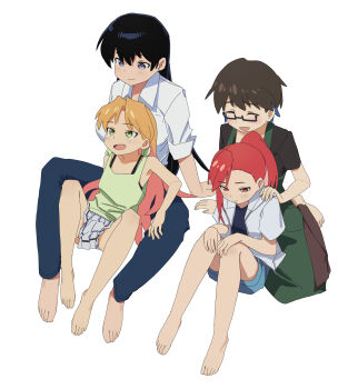 4girls absurdres age_difference an_yb arato_nagi barefoot black_hair blonde_hair blue_hair blush breasts brown_hair chinese_commentary collared_shirt commentary fingernails glasses green_eyes highres imari_youko large_breasts long_hair medium_breasts medium_hair multicolored_hair multiple_girls open_mouth panties panty_peek petite purple_eyes red_eyes red_hair ruri_no_houseki seto_shouko shirt short_hair shorts simple_background sitting skirt small_breasts smile tanigawa_ruri toenails two-tone_hair underwear white_background white_panties