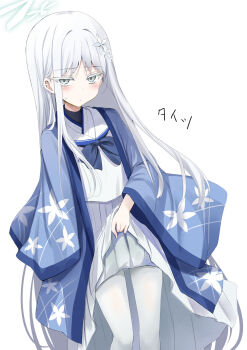 1girl blue_archive blue_kimono blush bow bowtie breasts clothes_lift flower grey_eyes hair_flower hair_ornament halo highres japanese_clothes kimono kimono_on_shoulders long_hair long_skirt looking_at_viewer nagusa_(blue_archive) pantyhose parted_bangs pleated_skirt sailor_collar sen_(astronomy) shirt sidelocks skirt small_breasts solo thighs translation_request very_long_hair white_hair white_pantyhose white_sailor_collar white_shirt white_skirt wide_sleeves