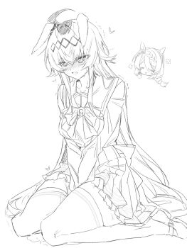 Rule 34 | 1girl, ahoge, animal ears, blush, bow, bowtie, braid, braided bangs, braided ponytail, breasts, chibi, chibi inset, closed eyes, ears down, greyscale, hairband, hand between thighs, heart, highres, horse ears, horse girl, implied masturbation, implied vibrator, long hair, long sleeves, medium breasts, monochrome, oguri cap (umamusume), on ground, open mouth, parted lips, pleated skirt, pussy juice, pussy juice puddle, sailor collar, saliva, saliva trail, school uniform, shoes, simple background, sitting, skindentation, skirt, solo, super creek (umamusume), swept bangs, thighhighs, tracen school uniform, trembling, tuwu (user yvte3782), umamusume, very long hair, wariza, white background, zettai ryouiki