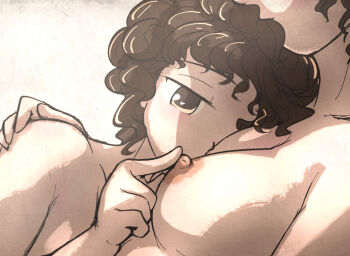 2girls breasts brown_eyes brown_hair collarbone commentary cuddling curly_hair english_commentary ironlily multiple_girls nipples nude original yuri