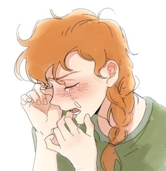1girl blush braid closed_eyes crying elisa_douchnov fingernails freckles full-face_blush green_shirt hair_over_shoulder my_student_spirit open_mouth orange_hair shirt simple_background single_braid sketch solo teardrop tears teeth upper_body white_background yy20251111