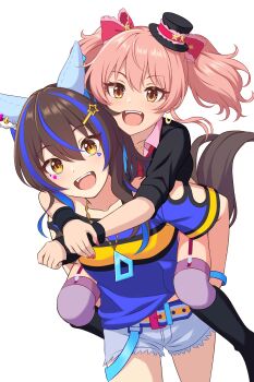 2girls absurdres animal_ears black_arm_warmers black_boots black_hat black_jacket blue_hair blue_shirt blush boots bow brown_hair carrying collared_shirt commentary contamination_(contami0813) daitaku_helios_(umamusume) ear_covers hair_between_eyes hair_bow hat highres horse_ears horse_girl horse_tail idolmaster idolmaster_cinderella_girls jacket jougasaki_mika knee_boots long_hair looking_at_viewer mini_hat mini_top_hat multicolored_hair multiple_girls necktie open_mouth piggyback pink_hair pink_nails pink_shirt purple_thighhighs red_bow red_necktie shirt short_shorts short_twintails shorts tail teeth thighhighs top_hat twintails two-tone_hair umamusume upper_teeth_only white_shorts