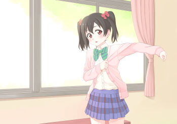 1girl black_hair blue_skirt bow cardigan commentary_request curtains green_ribbon hair_bow indoors long_sleeves love_live! love_live!_school_idol_project multiple_hair_bows neck_ribbon oitsuki_(getsumen_diver) open_mouth otonokizaka_school_uniform pink_cardigan red_bow red_eyes ribbon school_uniform shirt skirt solo twintails white_shirt window yazawa_nico