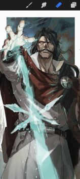 1boy abstract_background art_program_in_frame badge belt black_background black_belt black_hair bleach bleach:_sennen_kessen-hen blue_background border brown_cape buttons cape coat collared_coat energy energy_weapon facial_hair green_background hair_between_eyes highres ikuyoan long_hair looking_at_viewer male_focus mature_male military military_uniform mustache outside_border parted_lips quincy_(bleach) red_eyes signature solo sternritter trench_coat twitter_username white_border white_coat yhwach