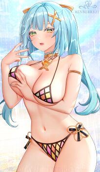 1girl absurdres aqua_hair bikini breasts faruzan_(genshin_impact) genshin_impact green_eyes hair_between_eyes hair_ornament highres large_breasts long_hair navel renberry77 stomach swimsuit symbol-shaped_pupils triangle-shaped_pupils twintails x_hair_ornament