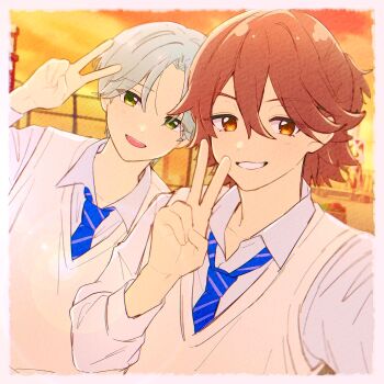 Rule 34 | 2boys, aykjnyk, brown hair, cloud, collarbone, evening, green hair, hair between eyes, half updo, hibiki kaito, highres, kazuma (precure), kimi to idol precure, long sleeves, multiple boys, neck, necktie, open mouth, parted bangs, precure, school, school uniform, selfie, shirt, short hair, smile, sunset, upper body, v, vest, white shirt