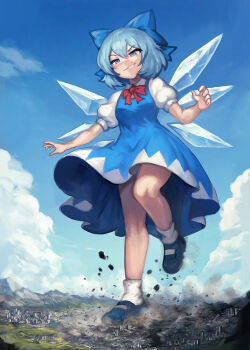 1girl blue_bow blue_eyes blue_hair blue_sky bow breasts cirno city cloud commentary_request destruction dress evil_smile full_body giant giantess hair_bow ice ice_wings medium_dress medium_hair mountain puffy_short_sleeves puffy_sleeves short_sleeves sky small_breasts smile smoke socks solo stomping touhou v-shaped_eyebrows white_socks wings yilx