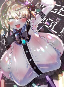 1girl asymmetrical_bangs blonde_hair blue_eyes blush breasts female_focus frilled_shirt frills gigantic_breasts hat huge_breasts jewelry kuyu730 looking_at_viewer one_eye_closed open_mouth original outline pale_skin shiny_skin shirt short_hair small_hat smile solo sparkle top_hat white_outline wink
