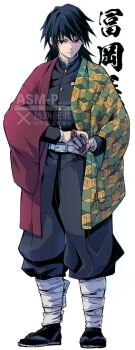 1boy belt black_hair black_jacket black_pants black_socks blue_eyes buttons closed_mouth demon_slayer_uniform english_text full_body gold_buttons hair_between_eyes haori high_collar holding holding_sword holding_weapon jacket japanese_clothes katana kikkoumon kimetsu_no_yaiba looking_at_viewer low_ponytail male_focus mikki_(asmp) pants ponytail print_haori red_haori sandals simple_background socks solo spiked_hair sword tomioka_giyuu translation_request watermark weapon white_background white_belt