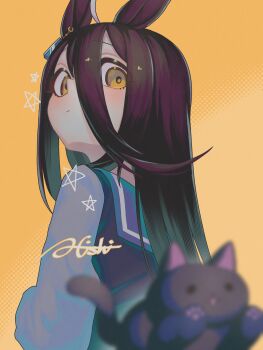 Rule 34 | 1girl, a4 (a4 eishi), absurdres, animal ears, black hair, blush, closed mouth, hair between eyes, highres, horse ears, horse girl, long bangs, long hair, looking at viewer, manhattan cafe (umamusume), purple sailor collar, purple shirt, sailor collar, school uniform, shirt, solo, stuffed animal, stuffed toy, tracen school uniform, umamusume, yellow eyes