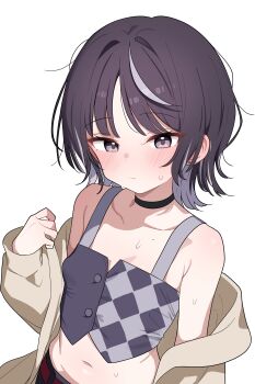 1girl absurdres bare_shoulders black_choker black_hair black_shirt blush breasts brown_eyes brown_jacket buttons choker closed_mouth collarbone colored_inner_hair commentary crop_top highres jacket looking_at_viewer medium_hair midriff mole mole_on_chest multicolored_hair navel off_shoulder original saho_4545 shirt simple_background sleeveless sleeveless_shirt small_breasts solo stomach streaked_hair sweat symbol-only_commentary two-tone_hair upper_body white_background