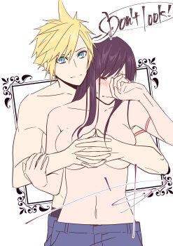 1boy 1girl absurdres arm_ribbon black_hair blonde_hair blue_eyes blush breast_press breasts breasts_squeezed_together closed_mouth cloud_strife collarbone commentary_request couple covering_another's_breasts covering_face denim embarrassed english_text final_fantasy final_fantasy_vii final_fantasy_vii:_advent_children hands_on_another's_chest heads_together hetero highres hug hug_from_behind interlocked_fingers jeans large_breasts light_smile long_hair looking_at_viewer own_hands_together pants red_ribbon ribbon short_hair sidelocks signature spiked_hair stomach straight-on swept_bangs tifa_lockhart topless_female topless_male upper_body yuu_(ct8810)