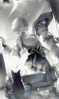 2girls absurdres bra_strap breasts buttons camera cat choker dual_persona earrings evernight_(honkai:_star_rail) gloves greyscale highres holding holding_umbrella honkai:_star_rail honkai_(series) jacket jewelry long_sleeves looking_at_viewer march_7th_(honkai:_star_rail) march_7th_(preservation)_(honkai:_star_rail) medium_breasts medium_hair miniskirt monochrome multiple_girls open_mouth overskirt partially_fingerless_gloves pleated_skirt shirt single_earring skirt tied_jacket umbrella underbust zeyal_li_hai
