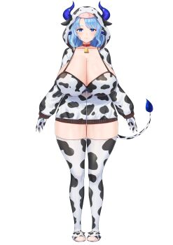 1girl absurdres animal_collar animal_ears animal_print animal_slippers arms_at_sides bell blue_eyes blue_hair blue_pupils blush breasts bright_pupils closed_mouth collar collarbone cow_ears cow_girl cow_horns cow_print cow_print_gloves cow_print_jacket cow_print_thighhighs cow_tail cowbell cream_cod dot_nose full_body gloves highres horn_ornament horns huge_breasts indie_virtual_youtuber jacket lips long_sleeves looking_at_viewer miilkywayz mole mole_under_eye mole_under_mouth official_art parted_bangs partially_unzipped print_gloves print_jacket print_thighhighs purple_horns red_collar sidelocks slippers solo standing star-shaped_pupils star_(symbol) straight-on symbol-shaped_pupils tachi-e tail tareme thighhighs transparent_background virtual_youtuber wide_hips zipper zipper_pull_tab