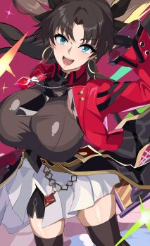 1girl black_gloves black_skirt black_thighhighs blue_eyes blush breasts brown_hair brown_shirt commentary_request earrings fate/stay_night fate_(series) gloves hair_ribbon highres honkai:_star_rail honkai_(series) hoop_earrings jacket jewelry large_breasts layered_skirt long_hair long_sleeves looking_at_viewer open_mouth parted_bangs puti_tomato19 red_jacket ribbon rin's_pendant_(fate) shirt skirt smile solo thighhighs tohsaka_rin tohsaka_rin_(honkai:_star_rail) two_side_up white_skirt