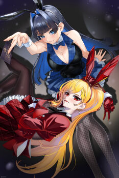 2girls alternate_costume animal_ears arm_under_breasts arm_up black_hair black_hairband black_necktie black_pantyhose black_vest blonde_hair blue_bow blue_bowtie blue_eyes blue_hair blue_skirt blunt_bangs bow bowtie breasts cahryos card cleavage colored_inner_hair commentary detached_collar earrings english_commentary fishnet_thighhighs fishnets frilled_skirt frills gloves hair_intakes hairband highres holding holding_card hololive hololive_english hololive_indonesia jacket jewelry juliet_sleeves kaela_kovalskia lap_pillow large_breasts long_hair long_sleeves looking_at_viewer lying miniskirt multicolored_hair multiple_girls necktie nontraditional_playboy_bunny on_side ouro_kronii pantyhose pleated_skirt puffy_sleeves rabbit_ears red_eyes red_gloves red_hairband red_jacket red_skirt short_necktie single_sidelock sitting skirt thighhighs traditional_bowtie very_long_hair vest virtual_youtuber wrist_cuffs