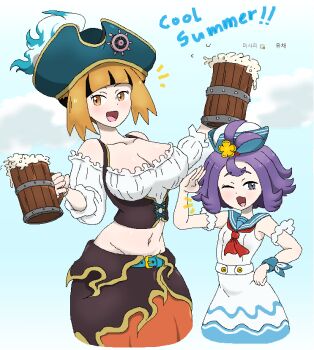 Rule 34 | 2girls, ^^^, acerola (pokemon), acerola (summer 2024) (pokemon), ascot, bare shoulders, beer mug, belt, belt buckle, blush, breasts, buckle, cleavage, collarbone, covered erect nipples, cup, dress, english text, gardenia (pokemon), gardenia (summer 2024) (pokemon), groin, hat, korean text, large breasts, midriff, mug, multiple girls, navel, nintendo, one eye closed, open mouth, orange eyes, orange hair, pirate costume, pirate hat, pokemon, pokemon masters ex, purple eyes, purple hair, sailor collar, sailor dress, salute, short hair, smile, waagh52
