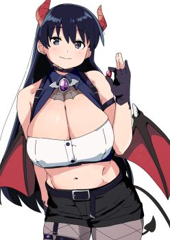 1girl arato_nagi bare_shoulders black_eyes black_gloves black_hair black_shorts bluearcadegames breasts brooch cleavage cowboy_shot demon_costume demon_tail demon_wings earrings fishnet_pantyhose fishnets gem gloves highres holding holding_gem horns huge_breasts jewelry long_hair looking_at_viewer midriff navel official_alternate_costume pantyhose partially_fingerless_gloves ruri_no_houseki short_shorts shorts simple_background smile solo stud_earrings tail very_long_hair white_background wings