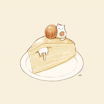 cake cat chai_(drawingchisanne) chestnut commentary_request food food_focus holding holding_leaf in_food leaf mille_crepe no_humans original plate signature simple_background undersized_animal white_cat