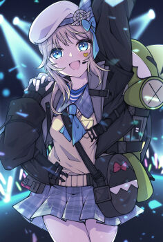 1girl :d absurdres arm_up black_gloves black_jacket blonde_hair blue_bow blue_eyes blue_skirt bow fingerless_gloves girls&#039;_frontline girls&#039;_frontline_2:_exilium gloves hair_bow hand_up happy heart heart_sticker highres jacket kakuzatou_(cubesugar03196) long_hair looking_at_viewer microphone miniskirt open_clothes open_jacket open_mouth pleated_skirt shirt skirt smile solo stage stage_lights standing sticker sticker_on_face striped_clothes striped_shirt vepley_(girls&#039;_frontline_2) waving