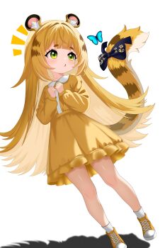 1girl absurdres aged_down animal_ear_fluff animal_ears blonde_hair bow bug butterfly dress furfik green_eyes highres insect ju_fufu long_hair shoes socks solo striped_fur striped_hair tail tail_bow tail_ornament tiger_ears tiger_girl tiger_stripes tiger_tail white_socks yellow_dress yellow_shoes zenless_zone_zero