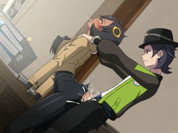 1boy 1girl ahegao black_bodysuit black_hair black_hat bodysuit book bouncing_breasts breasts brown_jacket clenched_teeth cum cum_overflow desk ejaculation emma_(pokemon) green_jacket hat hetero highres indoors jacket large_breasts leaning_forward mysteryctu nintendo paxton_(pokemon) pokemon pokemon_legends:_z-a sex sex_from_behind short_hair standing standing_sex teeth tongue tongue_out torn_bodysuit torn_clothes vaginal