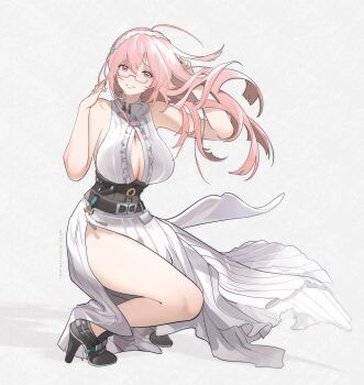 1girl artist_name black_shoes breasts center_opening commentary dress floating_hair glasses high_heels highres large_breasts long_hair nevercrymoon pink_hair shoes sleeveless sleeveless_dress smile solo squatting tsukishiro_yanagi white_dress zenless_zone_zero