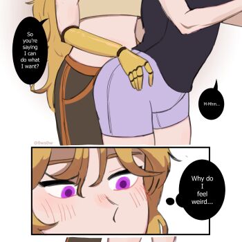 0ws0w 2girls black_tank_top blake_belladonna blonde_hair blush commentary crop_top english_text hand_on_another&#039;s_waist hashtag-only_commentary highres mechanical_arms multiple_girls purple_eyes purple_shoes rwby shoes single_mechanical_arm speech_bubble tank_top thought_bubble yang_xiao_long yuri