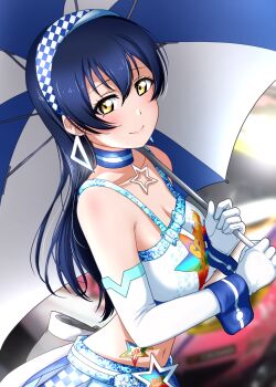 Rule 34 | 1girl, absurdres, bare shoulders, blue choker, blue hair, blurry, blurry background, breasts, choker, closed mouth, collarbone, commentary request, earrings, elbow gloves, gloves, hair between eyes, highres, holding, holding umbrella, jewelry, long hair, looking at viewer, love live!, love live! school idol festival, love live! school idol festival after school activity, love live! school idol project, medium breasts, midriff, navel, noochan chonoda, race queen, sidelocks, smile, solo, sonoda umi, star (symbol), triangle earrings, umbrella, upper body, white gloves, wrist cuffs, yellow eyes