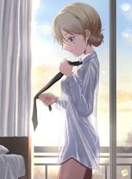 1girl absurdres bed black_necktie blonde_hair blue_eyes braid breasts closed_mouth commentary_request darjeeling_(girls_und_panzer) girls_und_panzer highres indoors kainushi medium_breasts necktie no_bra no_panties see-through_clothes shirt sky solo white_shirt window