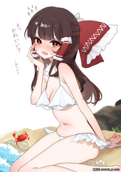 1girl absurdres arm_behind_back arm_support asaka_haru123 bare_arms bare_legs barefoot beach belly bikini blunt_bangs blush bow breasts brown_eyes brown_hair cleavage crab double-parted_bangs embarrassed feet_out_of_frame frilled_bow frilled_hair_tubes frills hair_bow hair_tubes hakurei_reimu hand_on_own_cheek hand_on_own_face hand_up highres long_hair looking_at_viewer looking_to_the_side medium_breasts navel open_mouth red_bow revision sitting solo swimsuit touhou translated very_long_hair water yokozuwari