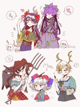 ! !! !? 5girls bare_shoulders belt black_eyes black_gloves black_hair black_skirt black_wings blonde_hair blue_shirt blue_shorts blue_vest bone brushing_hair closed_mouth collarbone comb dress eastern_dragon_horns elbow_gloves gloom_(expression) gloves green_shirt hat headdress heart highres holding holding_pitchfork horn_ornament horn_ribbon horns kicchou_yachie kurokoma_saki long_hair looking_at_another medium_hair multiple_girls nippaku_zanmu noobowsystems off-shoulder_shirt off_shoulder open_mouth own_hands_together pitchfork plaid_clothes pointy_ears purple_dress purple_hair red_eyes ribbon sheep_horns shirt short_hair short_sleeves shorts skirt skull smile surprised touhou toutetsu_yuuma turtle_shell veil vest white_hair wings yellow_eyes yomotsu_hisami