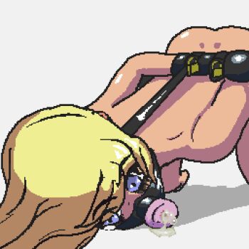 1girl arms_behind_back artificial_vagina bdsm blonde_hair blue_eyes bondage bound cum cum_in_mouth cumdrip cumdump gag highres kichiko_pix novelty_gag original pixel_art restrained sex_toy simple_background top-down_bottom-up