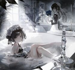 Rule 34 | apron, bare shoulders, barefoot, bath, black eyes, black hair, blush, bow, candle, candlestand, crossed legs, flower, glass, greyscale, hair bow, highres, holding, holding flower, light blush, looking at another, looking at viewer, maid, maid apron, mirror, misumigumi, monochrome, original, plant, potted plant, reflection, reflective water, short hair, shoulder blush, sunlight, swimsuit, water, white apron, window