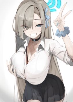 Rule 34 | 1girl, absurdres, asuna (blue archive), asuna (school uniform) (blue archive), asymmetrical bangs, between breasts, blue archive, blue halo, blue nails, blue ribbon, blue scrunchie, breasts, button gap, choker, commentary request, food, grabbing own breast, hair over one eye, halo, highres, mochi (jun2743), mole, mole on breast, pocky, ribbon, school uniform, scrunchie, sleeves rolled up, smile, solo, wrist scrunchie