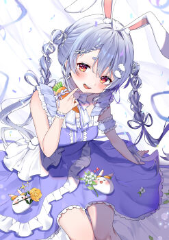 Rule 34 | 1girl, absurdres, alternate costume, animal ear fluff, animal ears, blush, braid, breasts, carrot, carrot hair ornament, commentary request, confetti, detached sleeves, dress, flower, food-themed hair ornament, frilled dress, frills, grey hair, hair ornament, highres, hololive, long hair, looking at viewer, mi kamii2, multicolored hair, open mouth, pekomon (usada pekora), puffy short sleeves, puffy sleeves, rabbit ears, rabbit girl, rose, short sleeves, sitting, smile, solo, sparkle, thick eyebrows, twin braids, two-tone hair, usada pekora, virtual youtuber, white background, white hair, wrist cuffs, yellow flower, yellow rose
