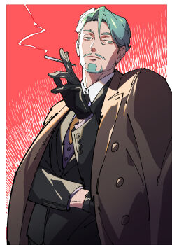 Rule 34 | 1boy, 444 fofofo, absurdres, black gloves, black jacket, border, brown coat, challia bull, cigarette, cigarette holder, closed mouth, coat, coat on shoulders, collared shirt, commentary, dress shirt, expressionless, facial hair, formal clothes, gloves, goatee, green eyes, green hair, gundam, gundam gquuuuuux, hair between eyes, highres, holding, holding cigarette, jacket, long sleeves, looking at viewer, male focus, mustache, necktie, outside border, shirt, short hair, smoke, smoke trail, smoking, solo, suit jacket, trench coat, upper body, white border, white shirt, yellow necktie