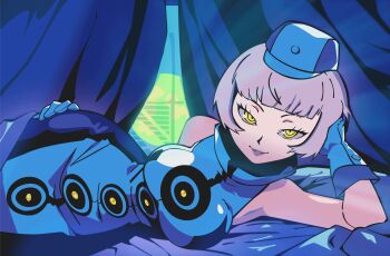 1girl absurdres bare_shoulders blue_dress blue_gloves blue_hat blunt_bangs breasts closed_mouth commentary dress elizabeth_(persona) english_commentary eyelashes gloves grey_hair hat highres iraimu large_breasts looking_at_viewer lying on_side persona persona_3 persona_3_reload short_hair sleeveless sleeveless_dress smile solo yellow_eyes