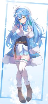 Rule 34 | 1girl, :/, absurdres, ahoge, ankle boots, armpit crease, belt, beret, black corset, blank stare, blue bow, blue bowtie, blue coat, blue hair, blue nails, blue skirt, boots, bow, bowtie, braid, breasts, brown belt, brown boots, cleavage cutout, clothing cutout, coat, corset, double-parted bangs, elf, eyebrows hidden by hair, finger to cheek, flower, frilled skirt, frills, fur-trimmed boots, fur-trimmed coat, fur trim, hair flower, hair ornament, hair over shoulder, half up braid, halterneck, hashtag-only commentary, hat, head tilt, heart, heart ahoge, highres, hololive, knees together feet apart, large breasts, long hair, looking at viewer, miniskirt, off shoulder, pigeon-toed, pleated skirt, pointy ears, qwertyyyyyyyyyyyeaaah, raised inner eyebrows, ribbon-trimmed thighhighs, ribbon trim, shirt, skirt, sleeveless, sleeveless shirt, snowflake background, snowflake print, solo, standing, thighhighs, virtual youtuber, white background, white hat, white shirt, white thighhighs, yellow eyes, yukihana lamy, yukihana lamy (1st costume), zettai ryouiki