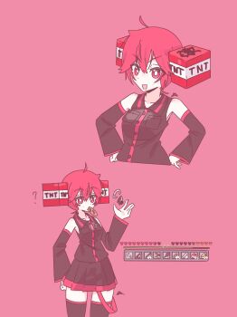 1girl :d ? absurdres alternate_hairstyle arm_up barser black_thighhighs block_(minecraft) breasts commentary cropped_torso explosive food_in_mouth hands_on_own_hips heads-up_display health_bar highres kasane_teto kasane_teto_(utau) multiple_views open_mouth red_background red_eyes red_hair red_theme short_hair signature smile thighhighs tnt tnt_block_(minecraft) user_interface utau v-shaped_eyebrows