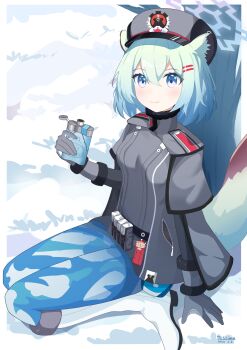 1girl 2025 absurdres animal_ears arm_at_side black_hat blue_archive blue_eyes blue_halo blush boots border cape chinese_commentary closed_mouth commentary_request dated day double-parted_bangs eyelashes flask full_body gloves green_hair grey_cape grey_gloves hair_between_eyes hair_ornament hairclip halo hand_up hat highres holding holding_flask looking_at_viewer medium_hair multicolored_eyes outdoors outside_border parallel_hairclips peaked_cap purple_eyes red_winter_federal_academy_logo shigure_(blue_archive) signature sitting smile snow solo sparkling_eyes tail tlslime tree two-tone_eyes weasel_ears weasel_girl weasel_tail white_boots white_border winter