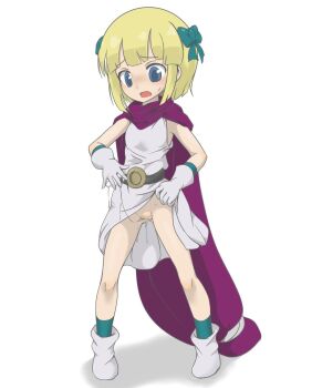 1girl belt blonde_hair blue_eyes blush bow cape censored clothes_lift dragon_quest dragon_quest_v female_focus gloves green_bow grey_tunic hair_bow hero's_daughter_(dq5) lifting_own_clothes loli mosaic_censoring mudadamuda no_panties open_mouth purple_cape pussy pussy_juice pussy_juice_on_fingers pussy_juice_trail short_hair solo standing tunic white_background