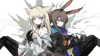2girls amiya_(arknights) animal_ears arknights arknights:_endfield back-to-back bare_shoulders bird_ears black_gloves black_jacket black_pantyhose blue_eyes breasts brown_hair chinese_commentary closed_mouth commentary_request crystal dress feet_out_of_frame gloves grey_hair hair_between_eyes hand_on_own_chest highres in-franchise_crossover jacket long_hair long_sleeves looking_at_viewer mixed-language_commentary multiple_girls open_clothes open_jacket pantyhose perlica_(arknights) ponytail rabbit_ears rabbit_girl shuuyakikou sitting sleeveless sleeveless_dress smile white_background white_dress white_jacket