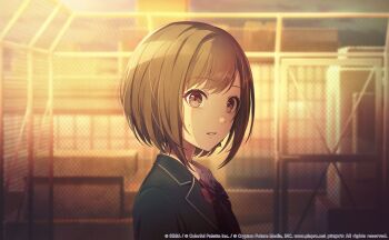 1girl artist_collaboration blue_jacket bow bowtie brown_eyes brown_hair chain-link_fence colorful_palette commentary commentary_request english_commentary fence game_cg highres jacket kamiyama_high_school_uniform_(project_sekai) keikyoku_no_machi_wa_doko_e_(project_sekai) kuwabara_(mola_8) looking_at_another mixed-language_commentary official_art on_rooftop open_mouth project_sekai red_bow red_bowtie school_uniform shinonome_ena shirt short_hair solo white_shirt