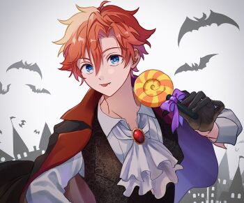 1boy akehoshi_subaru alternate_costume ascot bat_(animal) blue_eyes brooch candy closed_mouth coat coat_on_shoulders commentary curtained_hair ensemble_stars! food hair_between_eyes hand_up highres holding holding_candy holding_food holding_lollipop jewelry lollipop long_sleeves male_focus norishiopeto orange_hair parted_bangs short_hair solo swirl_lollipop tongue tongue_out upper_body vest waistcoat white_ascot