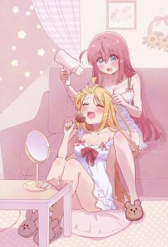 2girls absurdres ahoge alternate_hairstyle animal_slippers arm_support bear_slippers between_legs blonde_hair blue_eyes blush bocchi_the_rock! bow bow_chemise breasts brown_slippers bunny_slippers chemise choppy_bangs cleavage collarbone commentary_request couch cube_hair_ornament curtains drying drying_another&#039;s_hair drying_hair eating erinko604 food food_bite food_wrapper gotoh_hitori hair_between_eyes hair_down hair_dryer hair_ornament hand_up hands_up highres holding holding_food holding_hair_dryer holding_ice_cream ice_cream ice_cream_bar ijichi_nijika indoors knees_up large_breasts long_bangs long_hair mirror multiple_girls on_couch on_floor on_pillow open_mouth picture_frame pink_hair pink_slippers raised_inner_eyebrows sitting slice_of_life slippers star_(symbol) straight_hair unworn_hair_ornament very_long_hair white_chemise