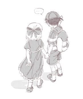 Rule 34 | ..., 1boy, 1girl, bac0n pancakes, backpack, bad id, bad pixiv id, bag, bow, commentary request, dress, from behind, full body, greyscale, hair bow, highres, holding hands, monochrome, mother (series), mother 2, ness (mother 2), nintendo, paula (mother 2), shirt, shoes, short hair, shorts, sideways hat, simple background, standing, striped clothes, striped shirt, white background