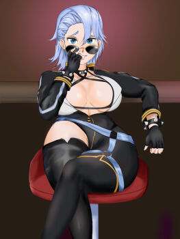 1girl adjusting_eyewear adjusting_glasses armlet black_gloves black_legwear blue_eyes blue_hair breasts cleavage collar feet_out_of_frame female_focus gloves grin highres jewelry large_breasts last_origin long_sleeves looking_at_viewer looking_over_eyewear looking_over_glasses luxap smile solo sonia_of_devastation spiked_armlet spiked_collar spikes sunglasses tagme thighs tinted_eyewear