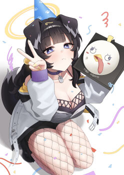 Rule 34 | 1girl, absurdres, animal collar, animal ears, beads, black hair, black shoes, black shorts, blue archive, blue eyes, blush, breasts, closed mouth, collar, commentary, cream, cream on face, dog ears, dog girl, dog tail, fishnet pantyhose, fishnet top, fishnets, food, food on face, grey shirt, hair beads, hair ornament, halo, hibiki (blue archive), highres, jacket, large breasts, long hair, looking at viewer, nickname25, open clothes, open jacket, pantyhose, peroro (blue archive), pout, shirt, shoes, short shorts, shorts, solo, squatting, tail, v, white jacket, yellow halo, yellow nails